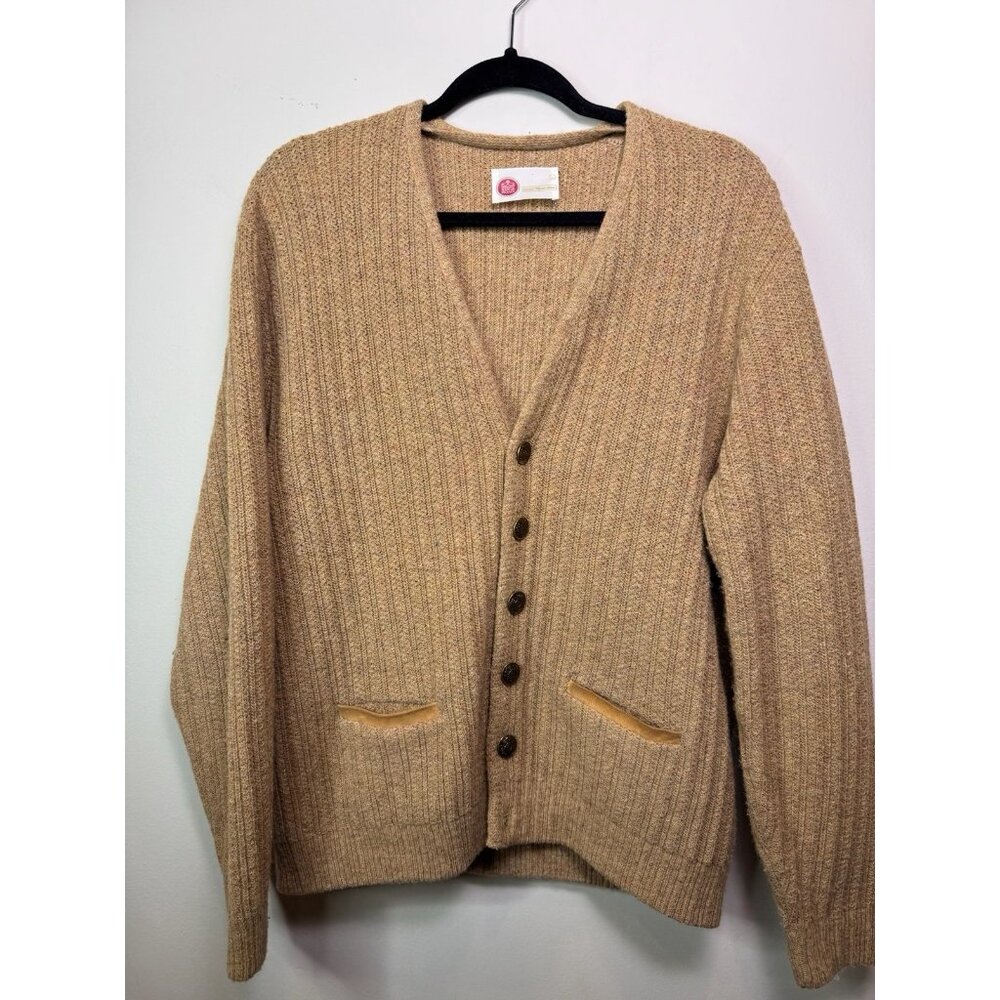 VTG Kings Road Sears Men Beige Wool Blend Cardigan Sweater Size L
